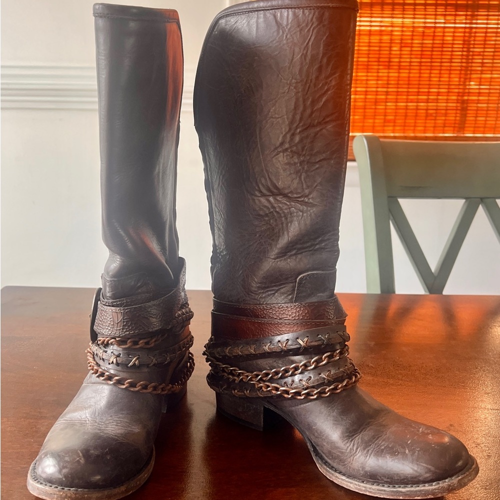 Brown Leather Boots with Chain Detail